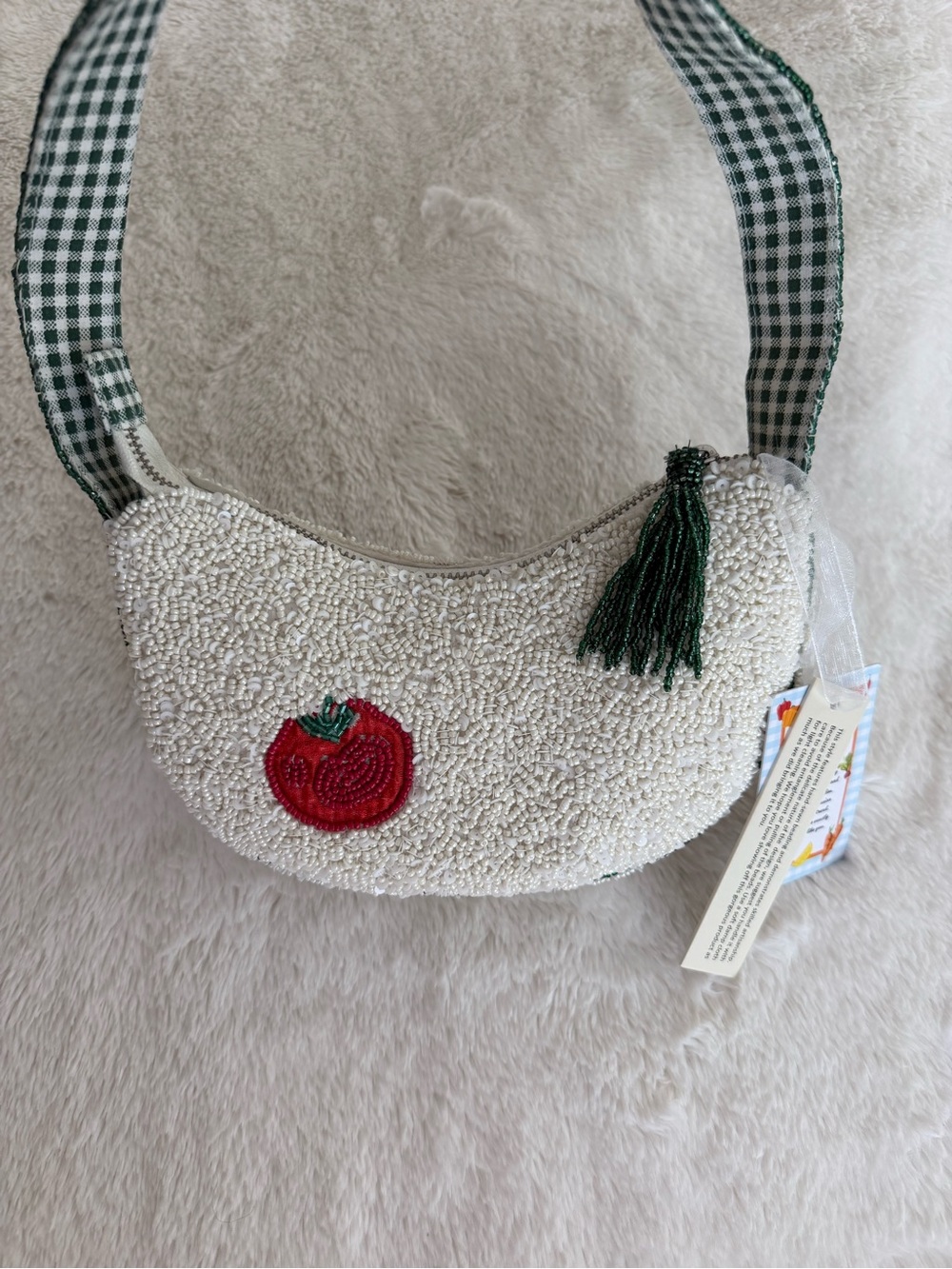 NWT Hand-Beaded Vegetable Motif Shoulder Bag in White tassel, green gingham - Picture 2 of 16